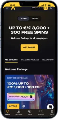 AmonBet casino mobile lobby with welcome package