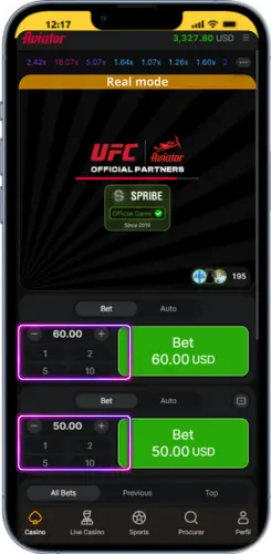 Aviator real-money interface with active betting panels