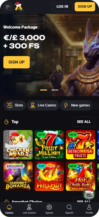 AmonBet casino mobile view